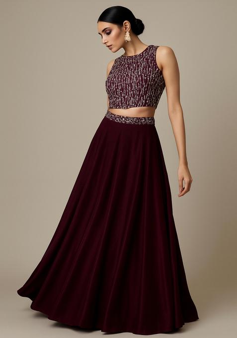 Wine Embellished Blouse Georgette Lehenga Set