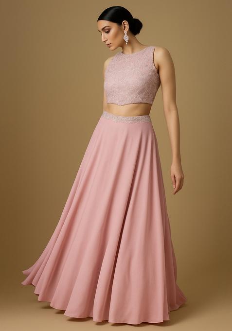 Pink Embellished Blouse Georgette Lehenga Set