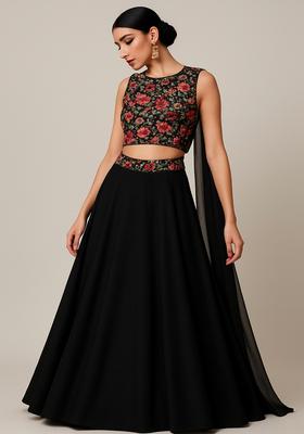 Black Embroidered Blouse Georgette Lehenga Set