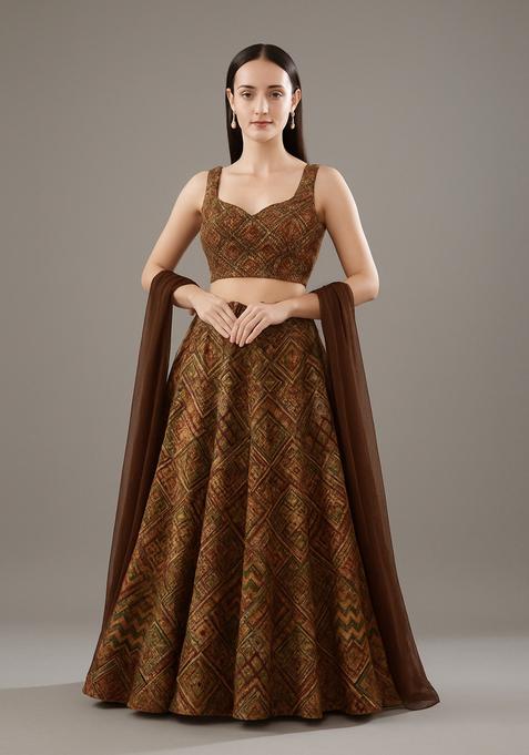 Brown Sequin Embroidered Crepe Lehenga Set