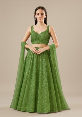 Green Sequin Embellished Georgette Lehenga Set