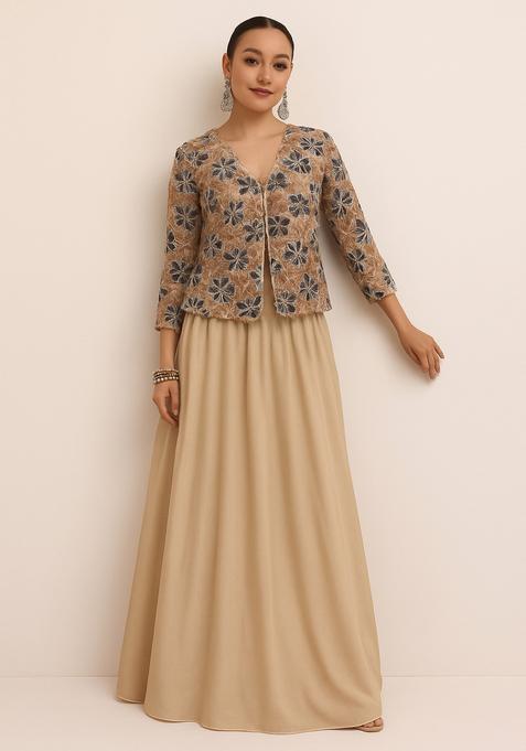 Cream Embroidered Georgette Lehenga Set