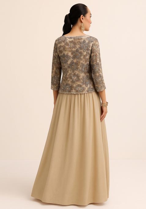 Cream Embroidered Georgette Lehenga Set