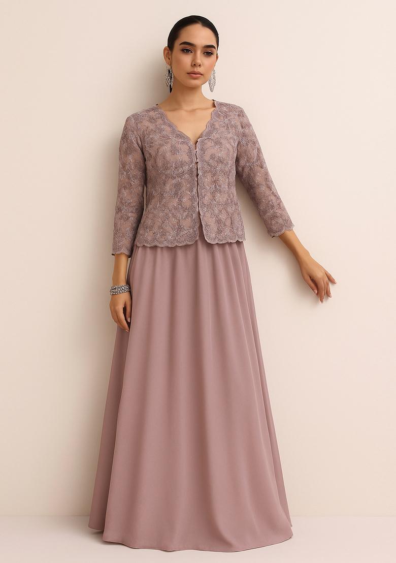 Mauve Embroidered Georgette Lehenga Set