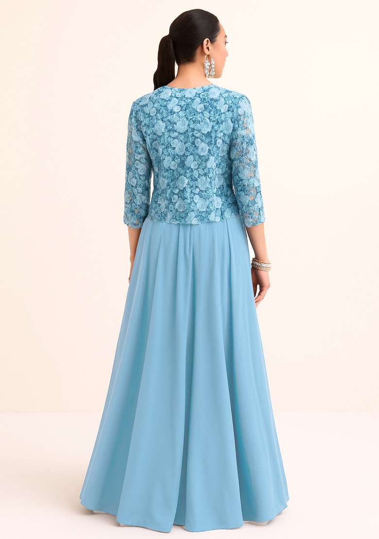 Sky Blue Embroidered Georgette Lehenga Set - Indya