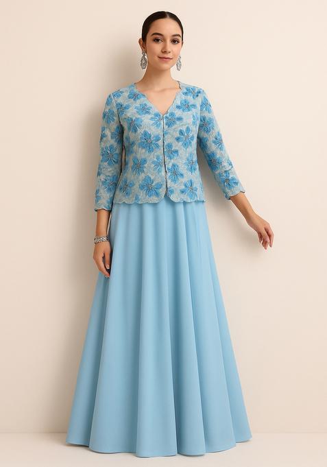 Sky Blue Embroidered Georgette Lehenga Set — view on Indya