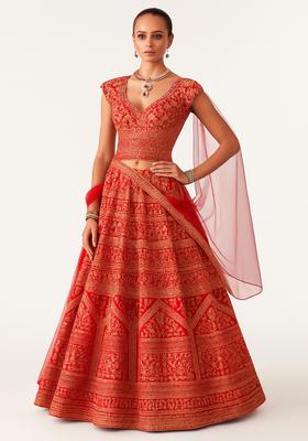 Red Sequin Embroidered Silk Lehenga Set