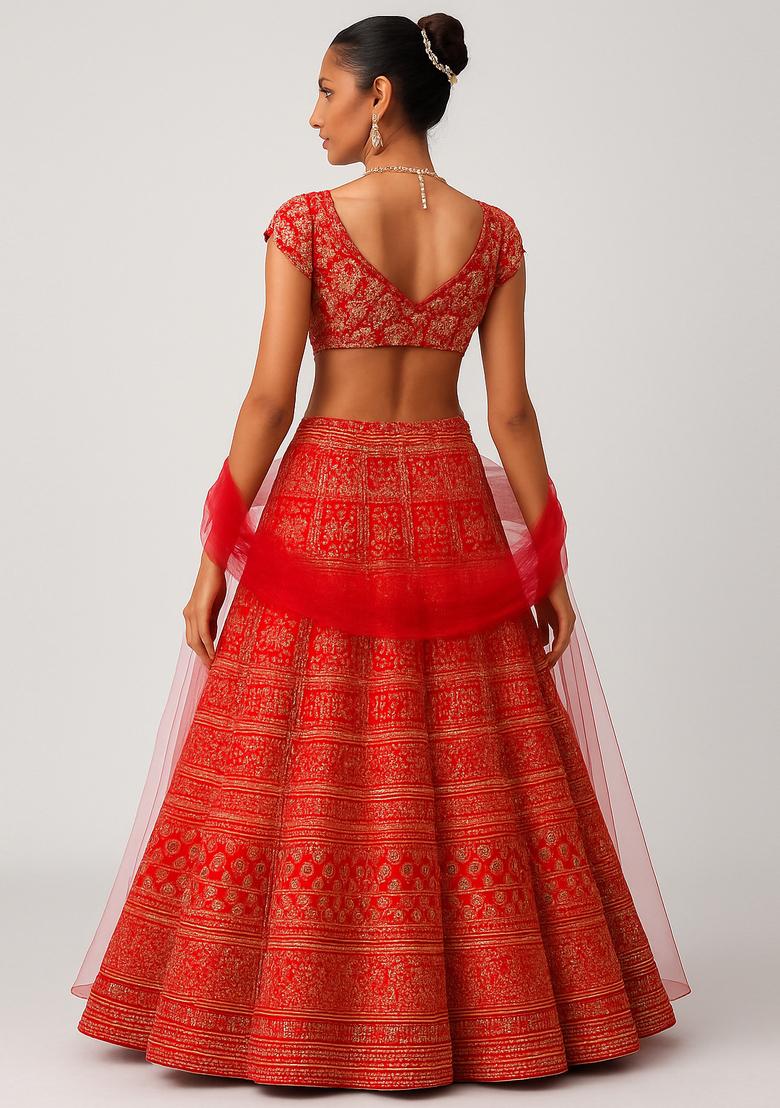 Red Sequin Embroidered Silk Lehenga Set