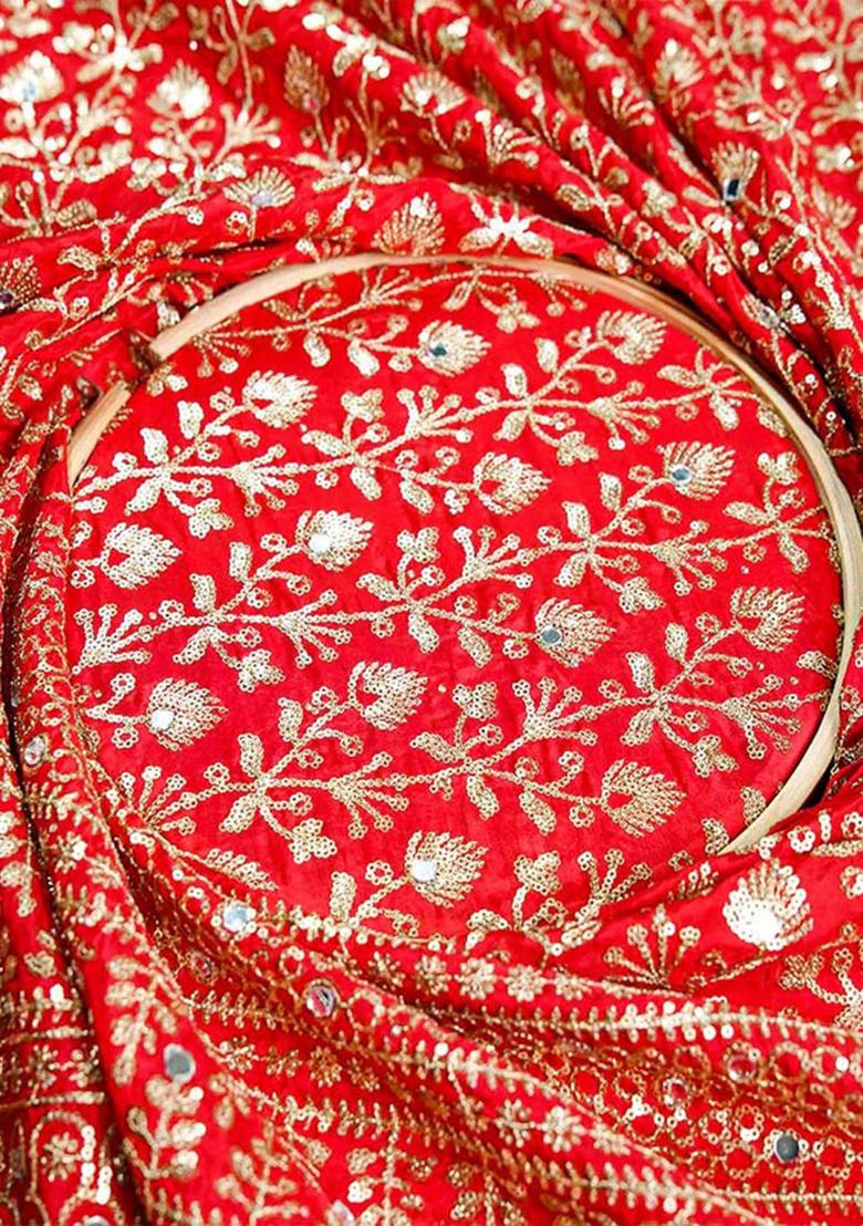 Red Sequin Embroidered Silk Lehenga Set