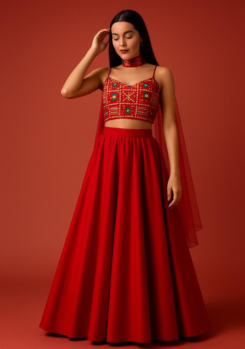 Red Sequin Embellished Blouse Georgette Lehenga Set