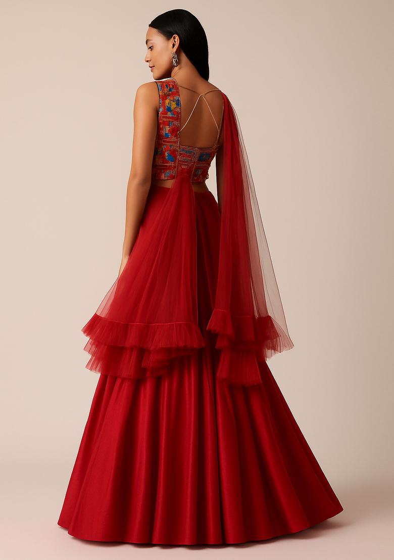 Red Sequin Embellished Blouse Georgette Lehenga Set