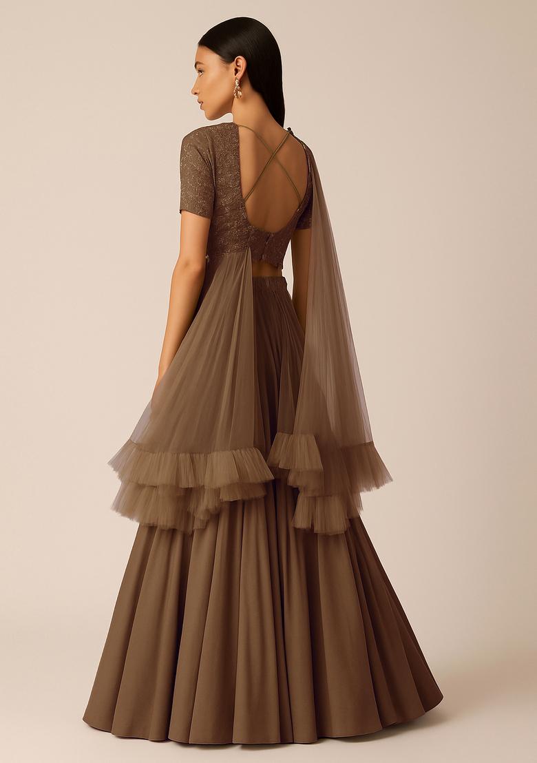 Brown Sequin Embroidered Blouse Georgette Lehenga Set - Indya