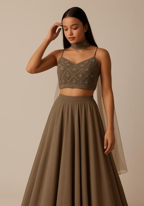 Brown Sequin Embroidered Blouse Georgette Lehenga Set