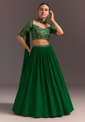 Green Embroidered Blouse Crepe Lehenga