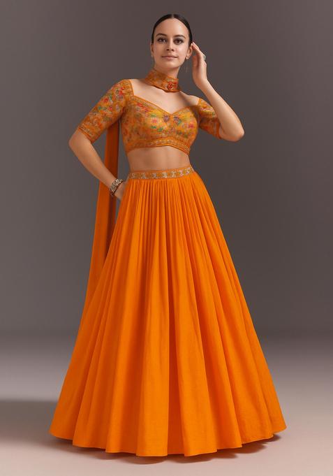 Orange Embroidered Blouse Crepe Lehenga