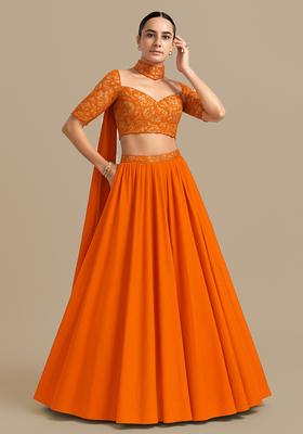 Orange Sequin Embroidered Blouse Crepe Lehenga