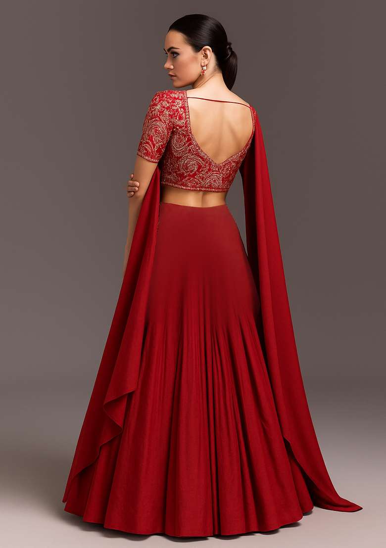Rani Pink Sequin Embroidered Blouse Crepe Lehenga - Indya