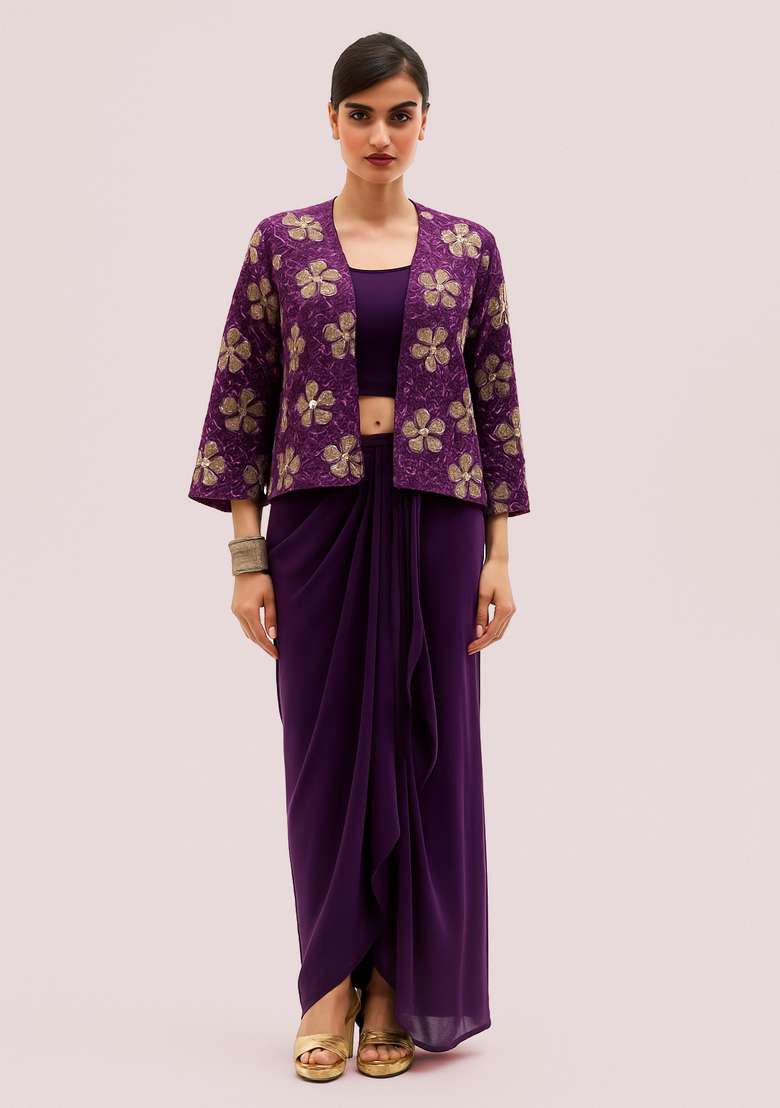 Purple Embroidered  Georgette Lehenga Set - Indya