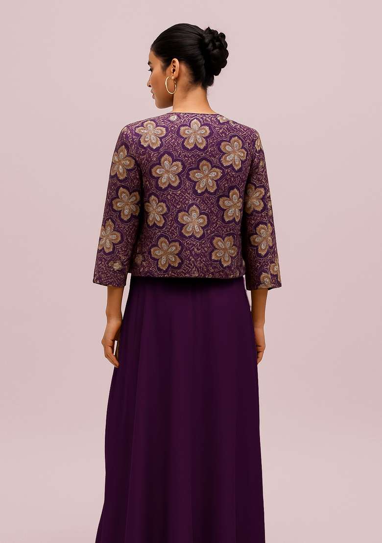 Purple Embroidered  Georgette Lehenga Set - Indya