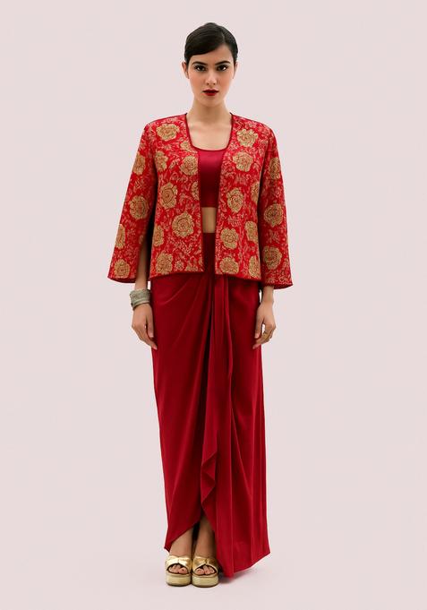 Red Embroidered  Georgette Fusion Set