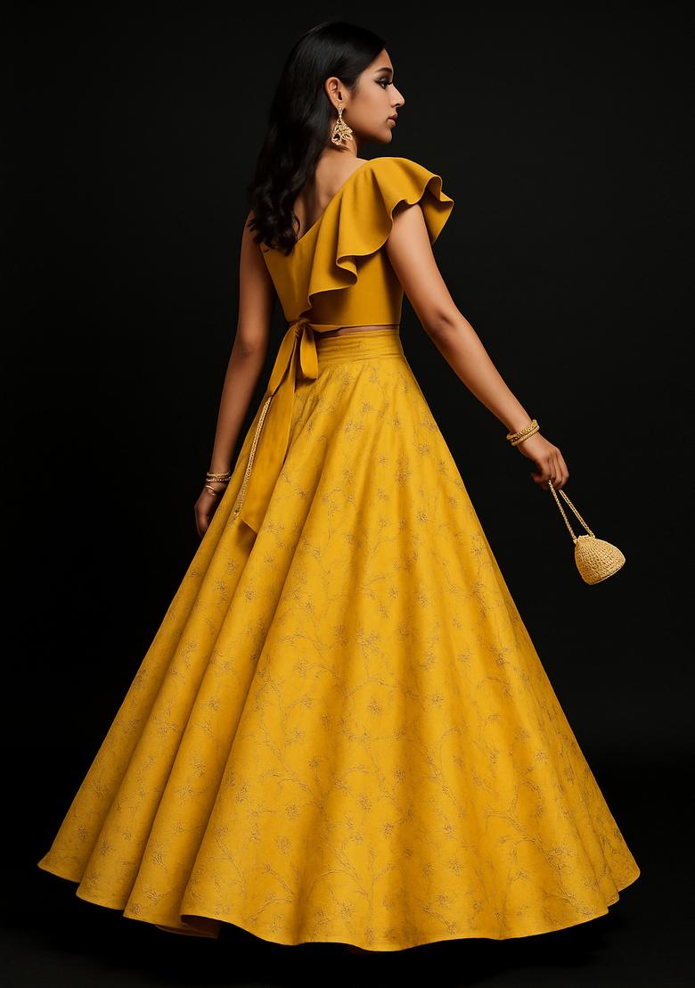 Yellow Sequin Embroidered Raw Silk Lehenga Set