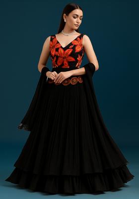 Black Embroidered Georgette Lehenga Set