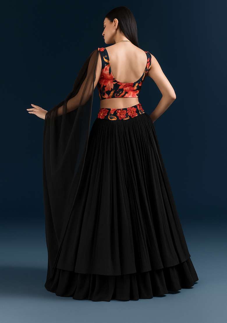 Black Georgette Lehenga Set with Embroidered for Diwali | Wedding & Festive Wear - Indya