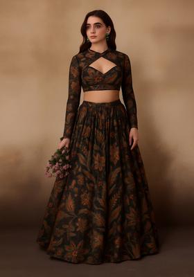 Brown Printed Chiffon Lehenga Set