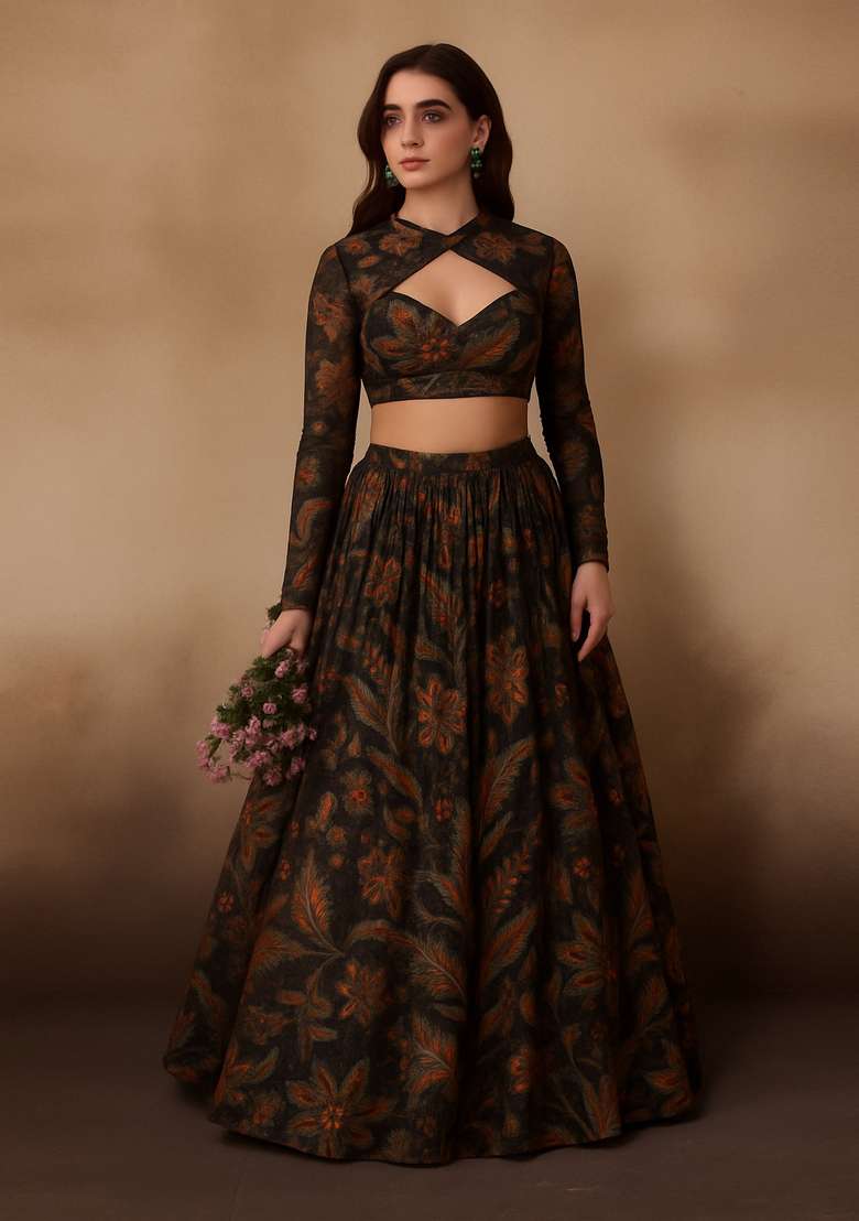 Brown Printed Chiffon Lehenga Set for Diwali and Festive Wear - Indya