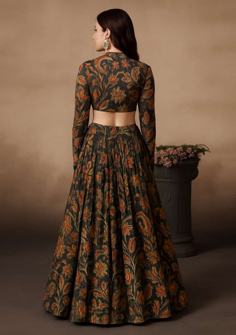 Brown Printed Chiffon Lehenga Set for Diwali and Festive Wear - Indya
