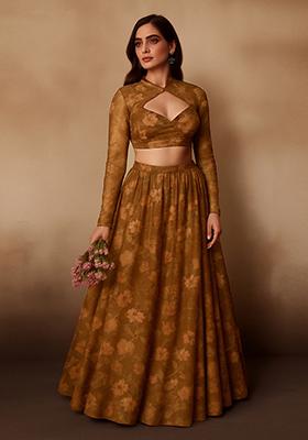 Brown Printed Chiffon Lehenga Set