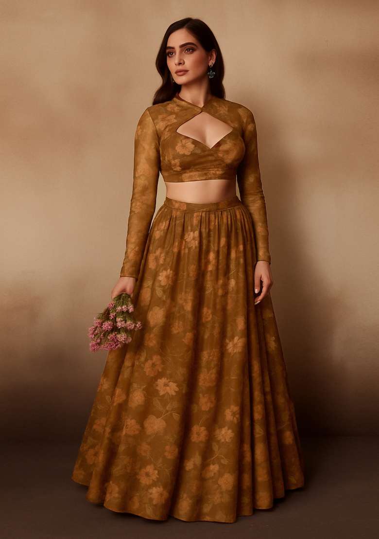 Brown Printed Chiffon Lehenga Set for Diwali and Festive Wear - Indya