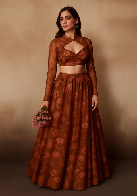 Brown Printed Chiffon Lehenga Set