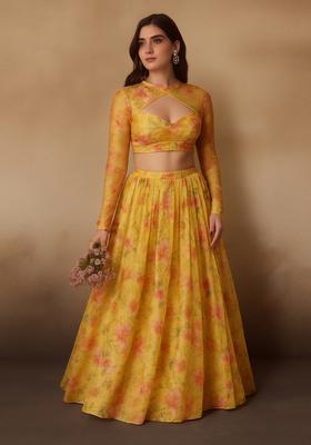 Yellow Printed Chiffon Lehenga Set