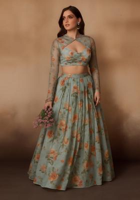 Pista Green Printed Chiffon Lehenga Set