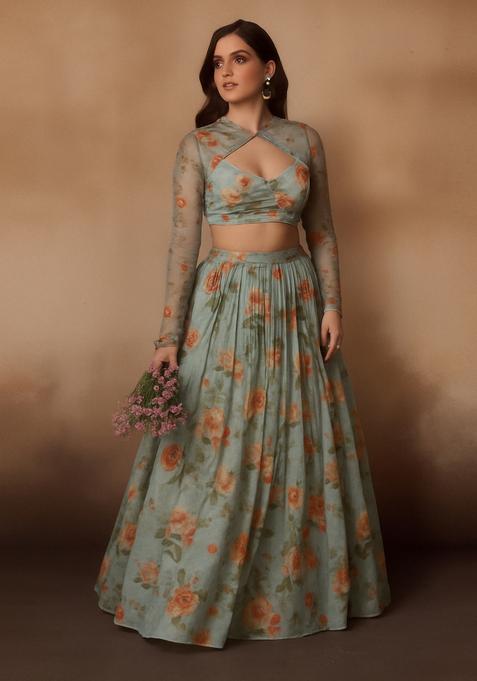 Pista Green Printed Chiffon Lehenga Set
