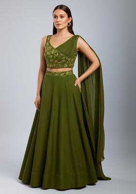 Green Printed Georgette Lehenga Set