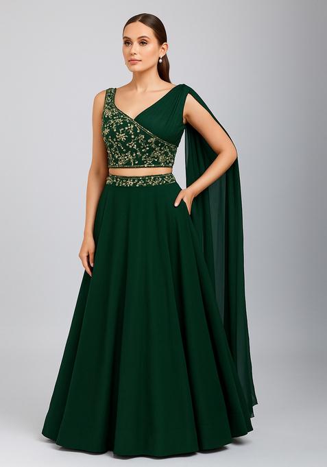 Green Embroidered Georgette Lehenga Set
