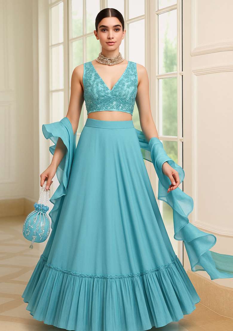 Sky Blue Embellished Blouse Georgette Lehenga Set - Indya