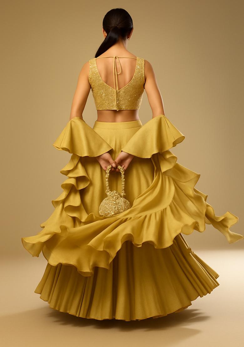 Gold Sequin Embellished Blouse Georgette Lehenga Set - Indya