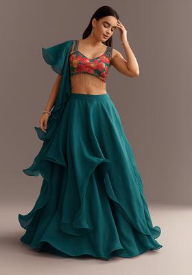 Blue Embellished Blouse Organza Lehenga Set