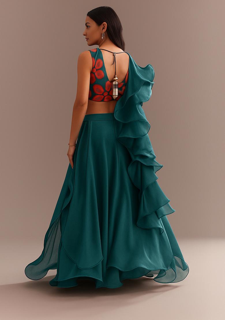 Blue Embellished Blouse Organza Lehenga Set - Indya