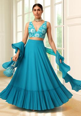 Sky Blue Embellished Blouse Georgette Lehenga Set