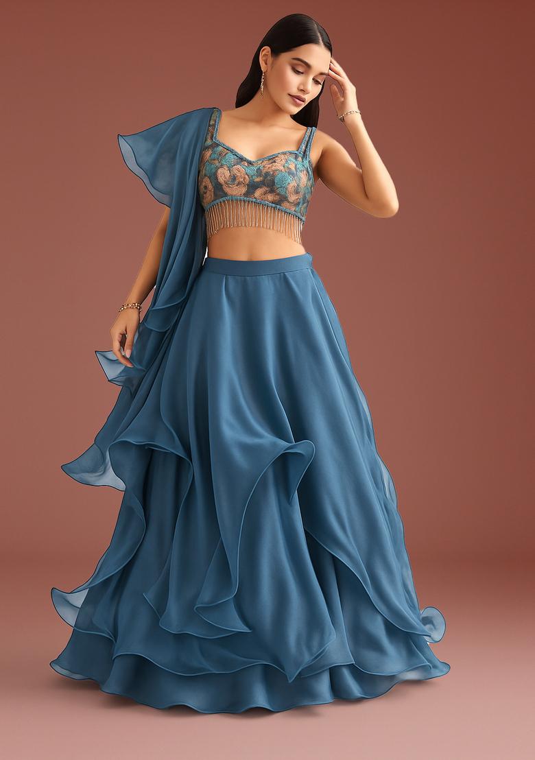 Blue Embellished Blouse Organza Lehenga Set