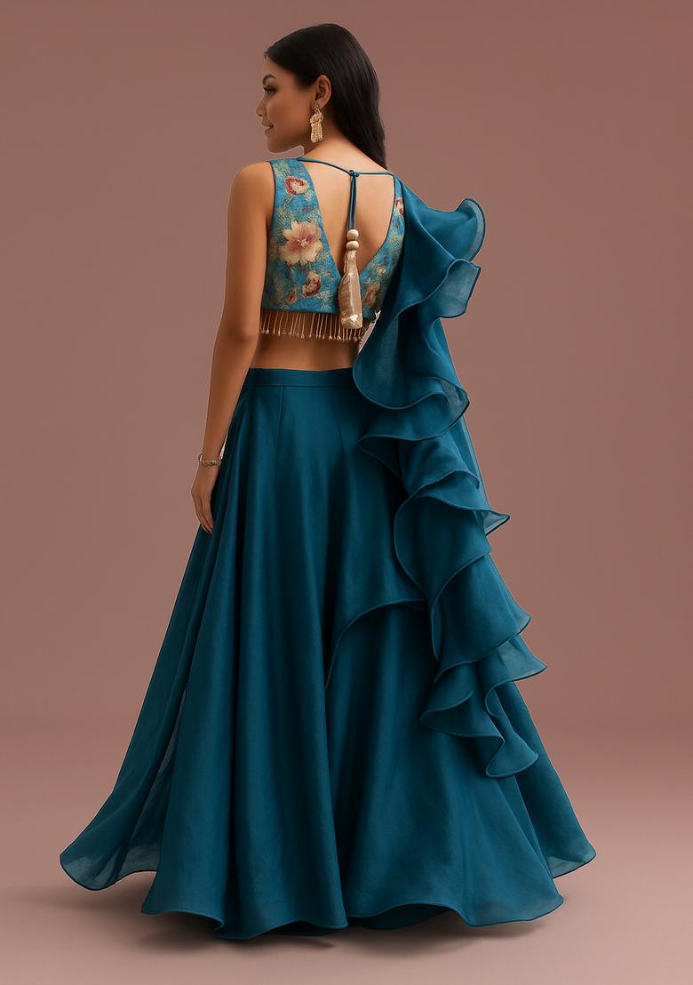 Blue Embellished Blouse Organza Lehenga Set