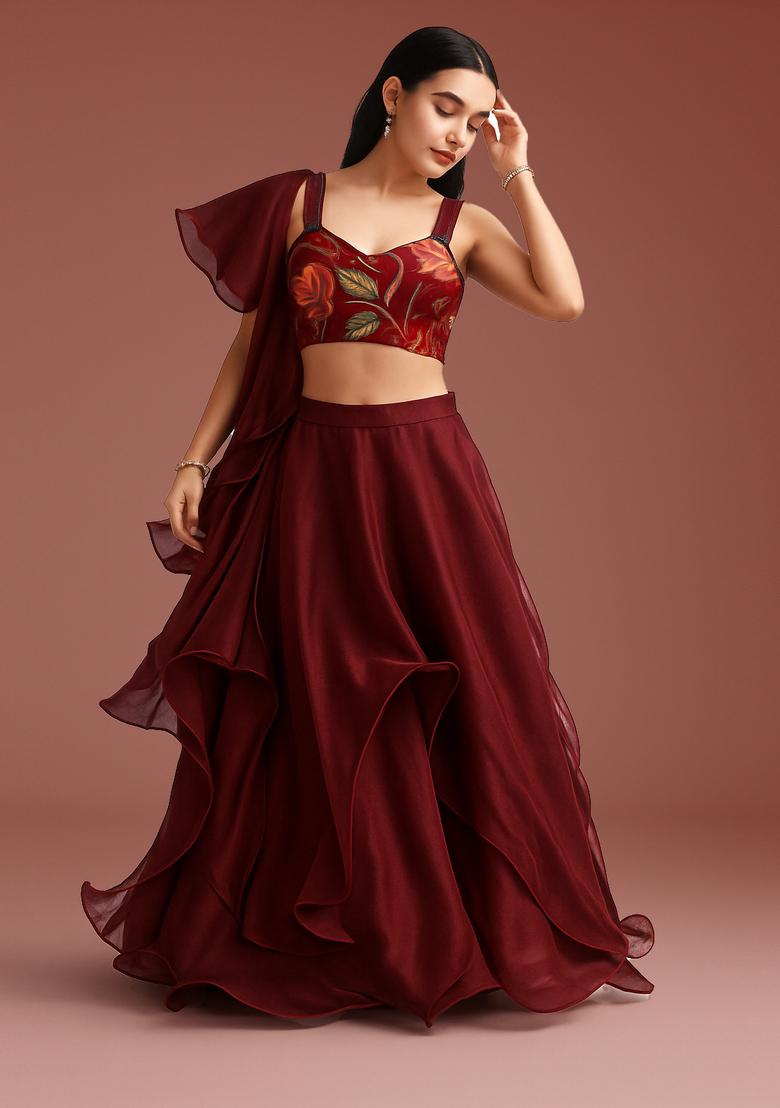 Maroon Printed Georgette Lehenga Set