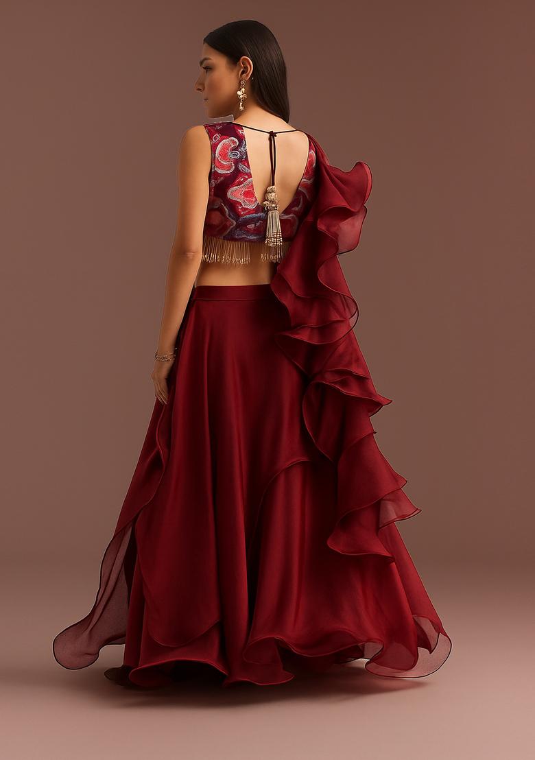 Maroon Printed Georgette Lehenga Set