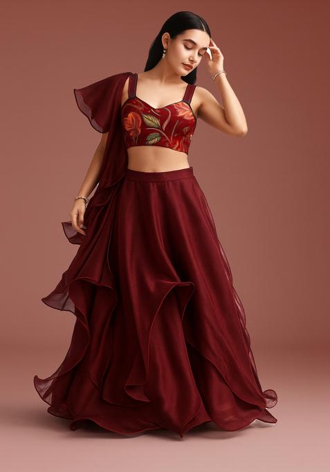 Maroon Printed Georgette Lehenga Set
