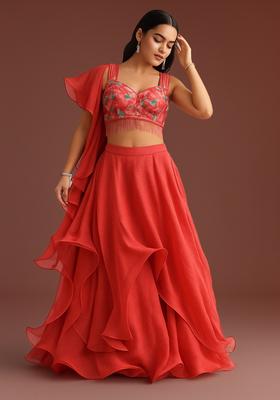 Peach Printed Georgette Lehenga Set