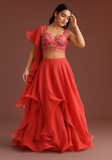 Peach Printed Georgette Lehenga Set